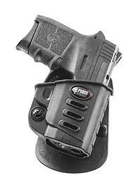 Fobus Evolution Series Paddle Holster, black right-hand holster with handgun, angled side view