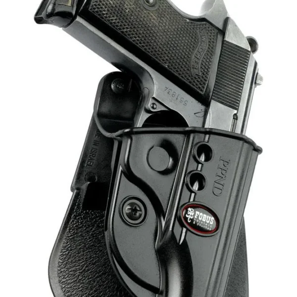 Fobus Standard Paddle Holster for Walther PPK, black right-side holster holding a pistol