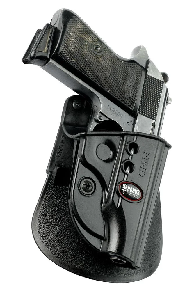 primary-36487 Fobus Standard Paddle Holster for Walther PPK, black right-side holster holding a pistol