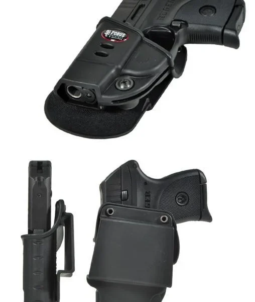 Fobus Ruger LCP Evolution Belt Holster, black, shown from front, side and rear with pistol