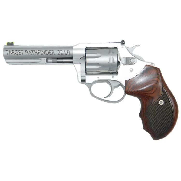 primary-36499 Charter Arms Pathfinder Handgun .22 LR 8rd Capacity 4.2" Barrel Anodized Stainless Steel Rosewood Checkered Grip