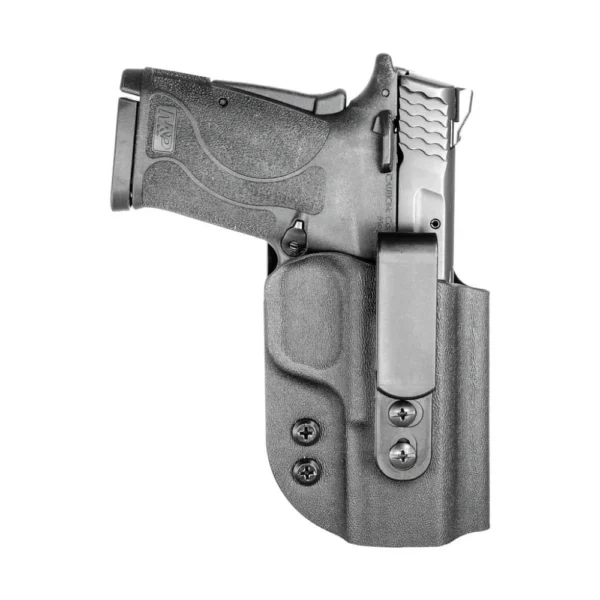FOBUS Extraction Series holster for Springfield Hellcat, black side view holding a handgun