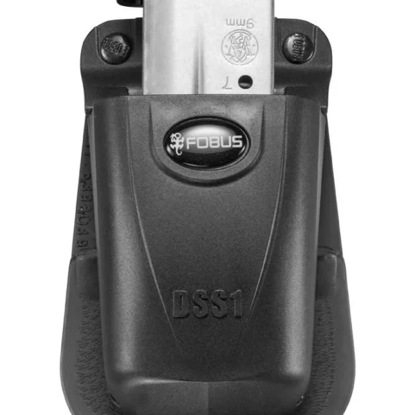 Fobus 9mm Single Stack Magazine Paddle Pouch, black front view holding a silver magazine