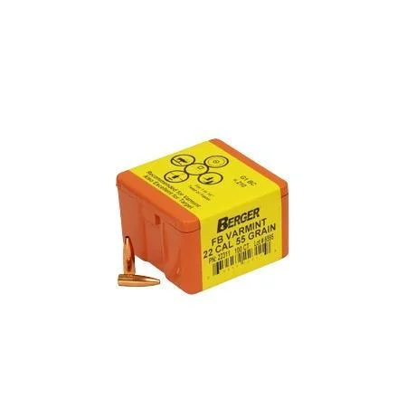 Berger Match Grade Varmint Bullets, orange and yellow box with one copper-colored bullet