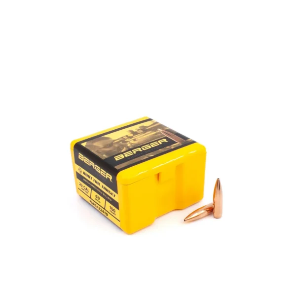 Berger Match Grade Target Bullets, yellow box with two copper-coloured pointed bullets