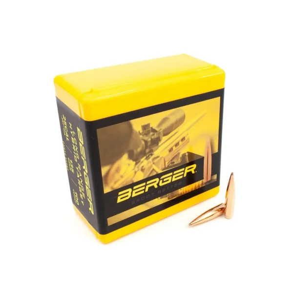Berger Long Range Hybrid Target Bullets, yellow and black box with one copper bullet beside it