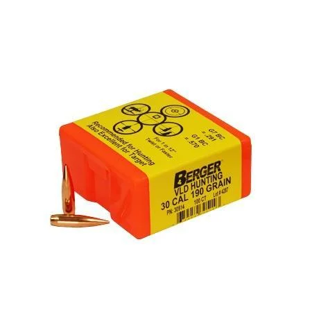 Berger Match Grade Hunting VLD Hunter bullets, orange and yellow box with two bullets beside it