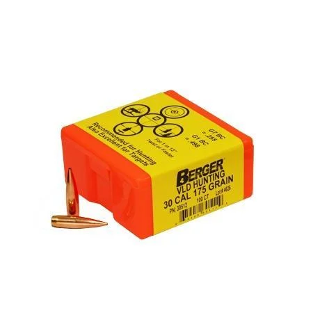 Berger Match Grade Hunting Bullets, yellow and orange retail box with one copper bullet