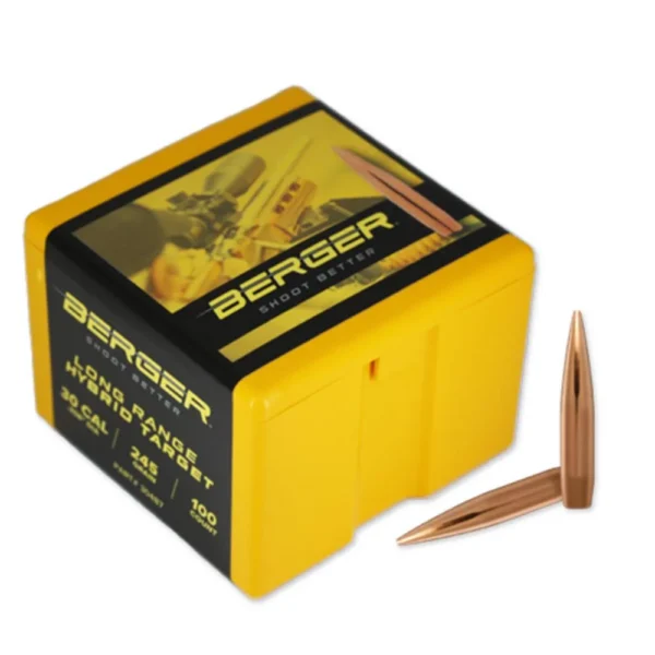 Berger Long Range Hybrid Target Bullets, yellow and black box with two copper-coloured bullets