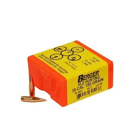 Berger Match Grade Hunting Bullets, orange and yellow box with one copper-colored bullet beside it