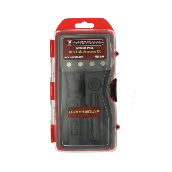 Laserlyte Laser Bore Sight MBS Accessories Pack in red and clear retail case, front view