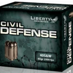 Liberty Civil Defense Handgun Ammunition, black and green retail box front with two cartridges