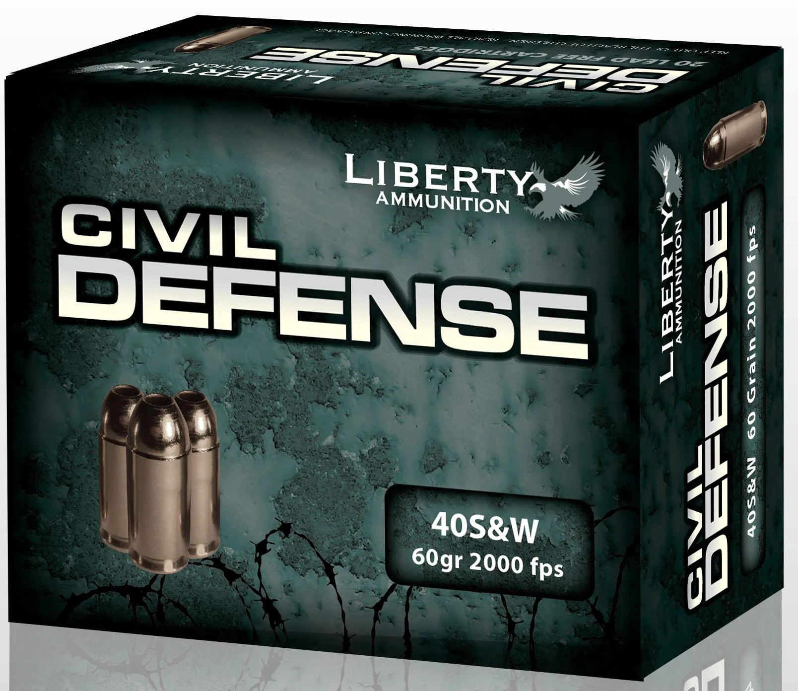 primary-36632 Liberty Civil Defense Handgun Ammunition, black and green retail box front with two cartridges