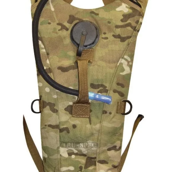 Tru-Spec Global hydration backpack in MultiCam, front view with drinking tube and carry handle