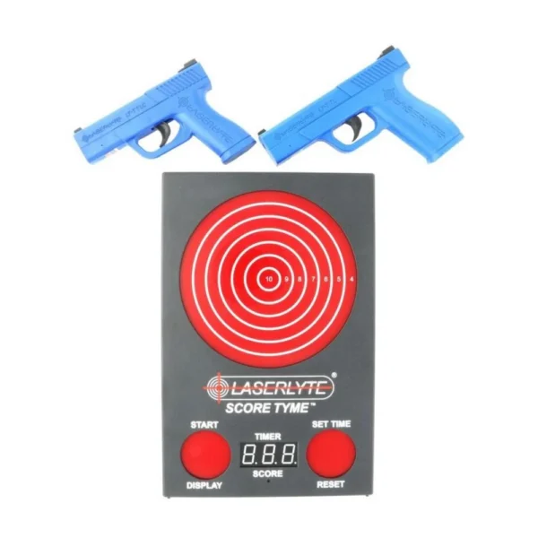 LaserLyte Score Tyme Trainer Target Versus Kit, black electronic target with two blue pistols