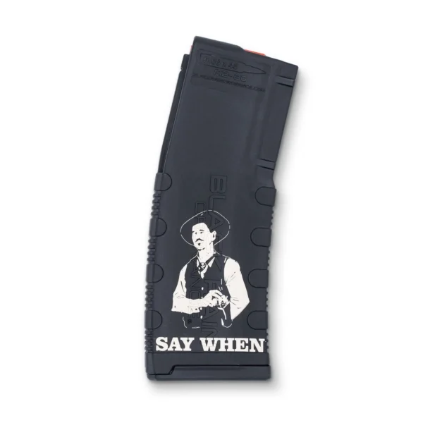 Black Rain Ordnance Say When AR Magazine black curved magazine with white character graphic
