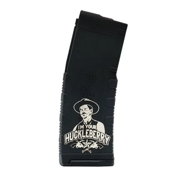 Black Rain Ordnance Huckleberry AR Magazine, black front view with white graphic
