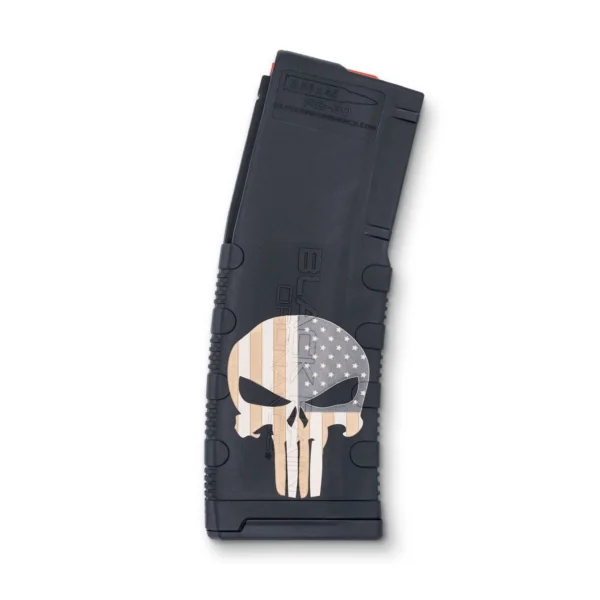 Black Rain Ordnance Punisher with Flag AR Magazine, black front view with skull flag graphic