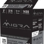 Migra Waterfowl Steel Shot Shotshell, black open-top ammunition box in front angled view