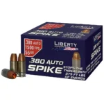 Liberty Spike Handgun Ammunition, cartridges beside a blue and black ammunition box