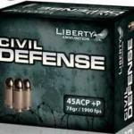 Liberty Civil Defense Handgun Ammunition, black and green box shown from front and right side
