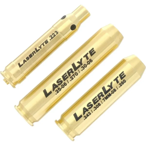 LaserLyte CB-L368 Laser Cartridge Bore Sight Kit with three gold cartridge-shaped bore sights