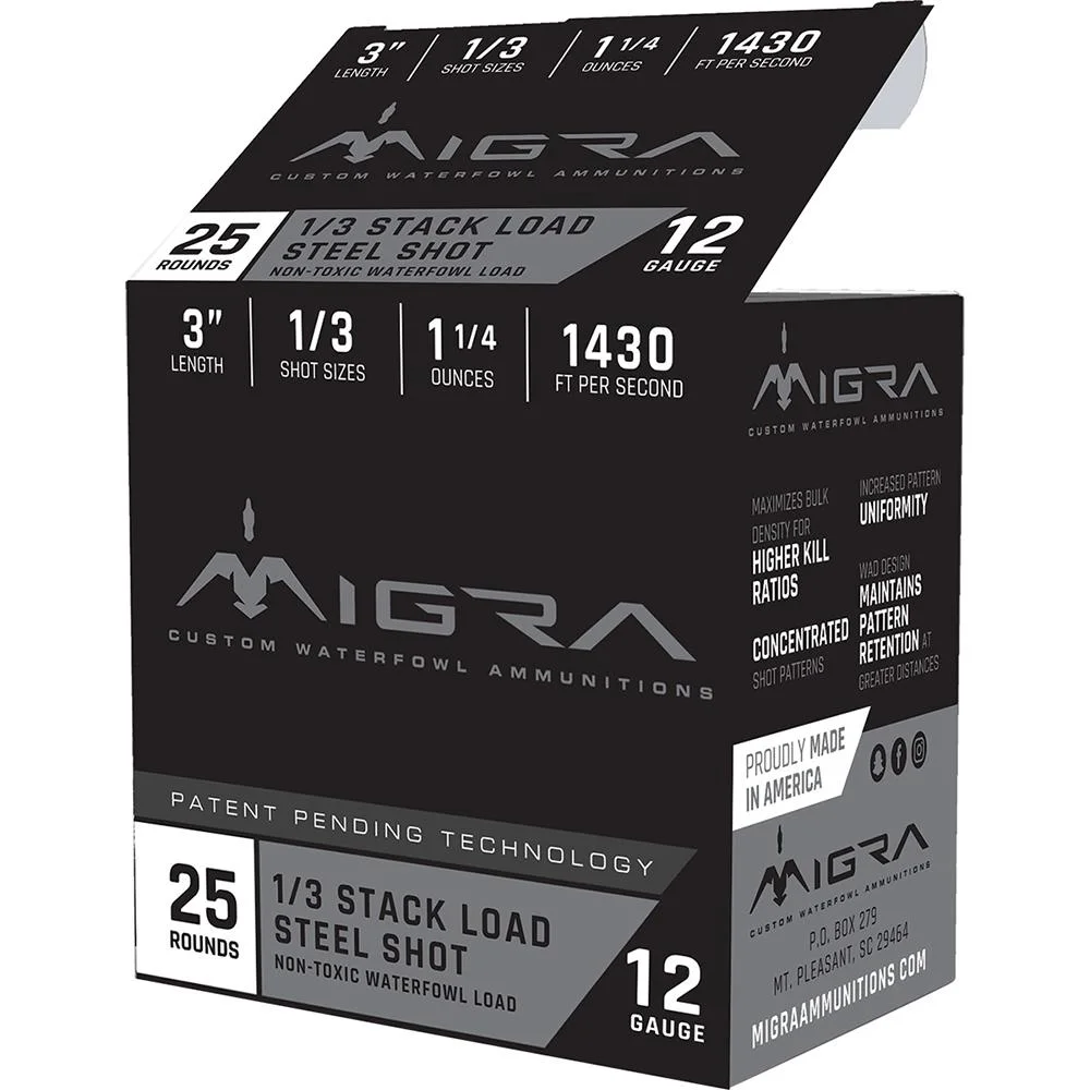 primary-36739 Migra Ammunitions LLC Migra Waterfowl Steel Shot Shotshells 12 ga 3" 1-1/4 oz 1430 fps #1/#3 25/ct