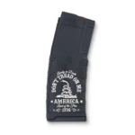 Black Rain Ordnance Don't Tread on Me AR Magazine, black front view with white emblem