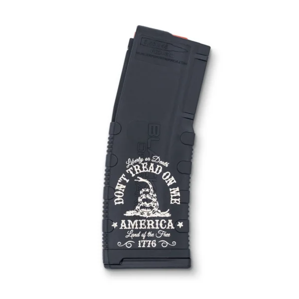 Black Rain Ordnance Don't Tread on Me AR Magazine, black front view with white emblem