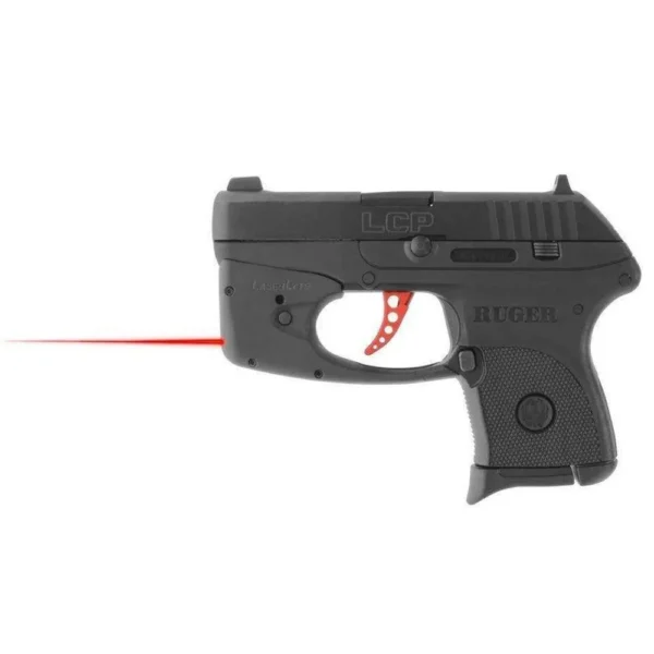 Laserlyte UTA-UYL Laser Sight Trainer, black, side view mounted on a pistol with red laser
