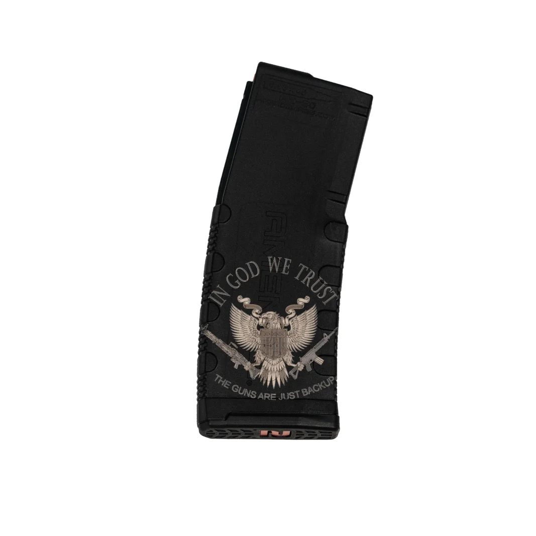 primary-36786 Black Rain Ordnance God's Gun AR Magazine, black angled view with eagle graphic