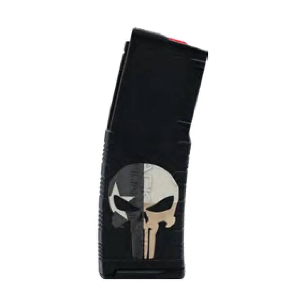 primary-36798 Black Rain Ordnance Texas Punisher Rifle Magazine, black curved magazine with white skull graphic