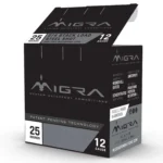 Migra Waterfowl Steel Shot Shotshells, black and gray open box, angled front view