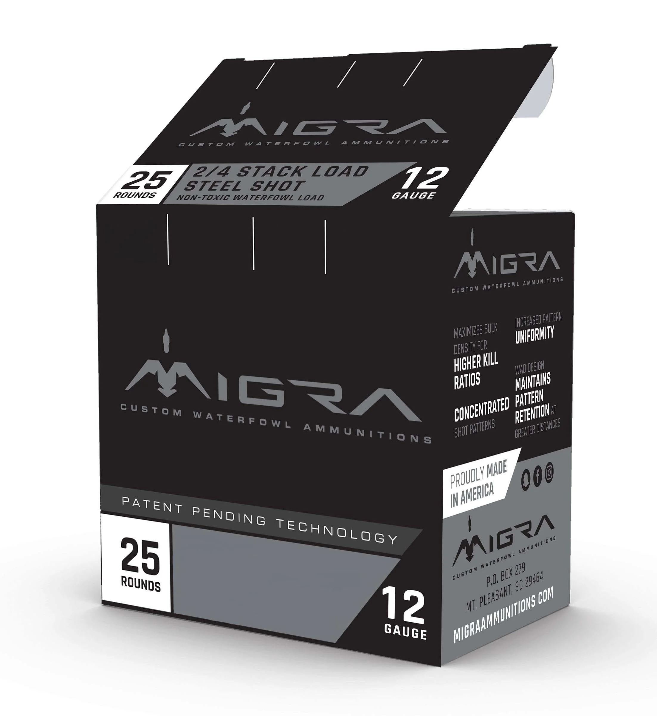 primary-36801 Migra Waterfowl Steel Shot Shotshells, black and gray open box, angled front view