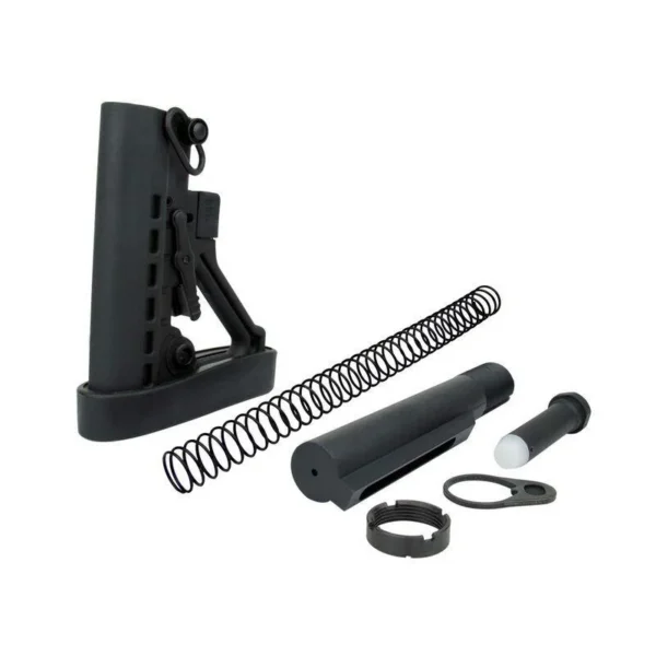 TacFire AR-15 Mil Spec Buffer Tube Kit, black stock, tube, spring and small parts laid out