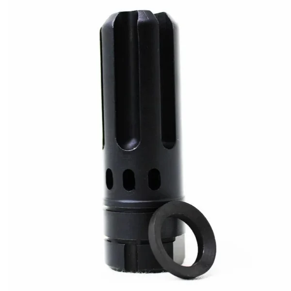 Anderson Manufacturing AR15 3 Prong Flash Hider, black front-angled view with crush washer