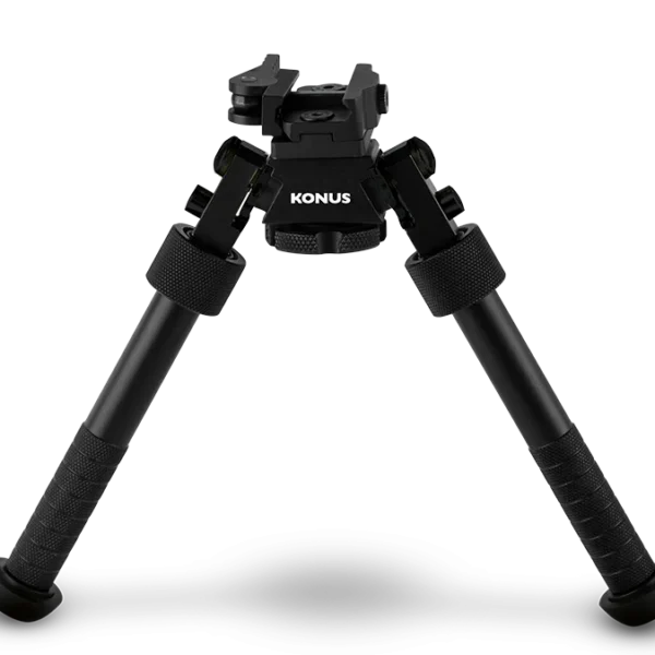 Konus Bipod for Hunting / Tactical, black front view with two extended angled legs