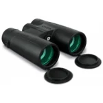 Konus Compact Binocular black angled front view with green-tinted lenses and four lens caps