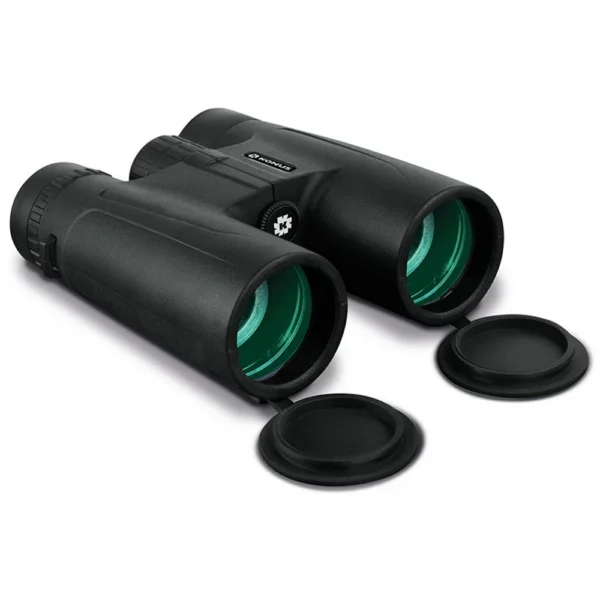 Konus Compact Binocular black angled front view with green-tinted lenses and four lens caps