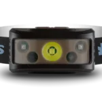 Konus Konusflash-7 black and gray headlamp, front view with elastic strap and central yellow light