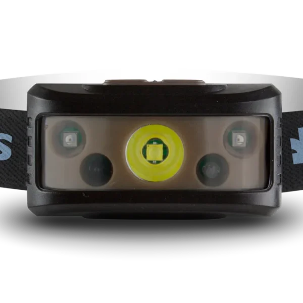Konus Konusflash-7 black and gray headlamp, front view with elastic strap and central yellow light