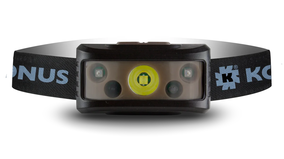 primary-36893 Konus Konusflash-7 black and gray headlamp, front view with elastic strap and central yellow light