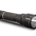 Konus Rechargeable Tactical Flashlight black angled side view with textured body and wide bezel