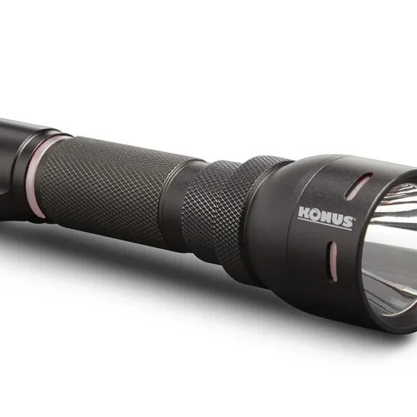 Konus Rechargeable Tactical Flashlight black angled side view with textured body and wide bezel