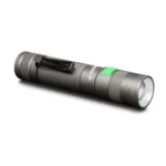 Konus Konuslight RC-5 black flashlight, angled side view with green button, clip and magnetic base