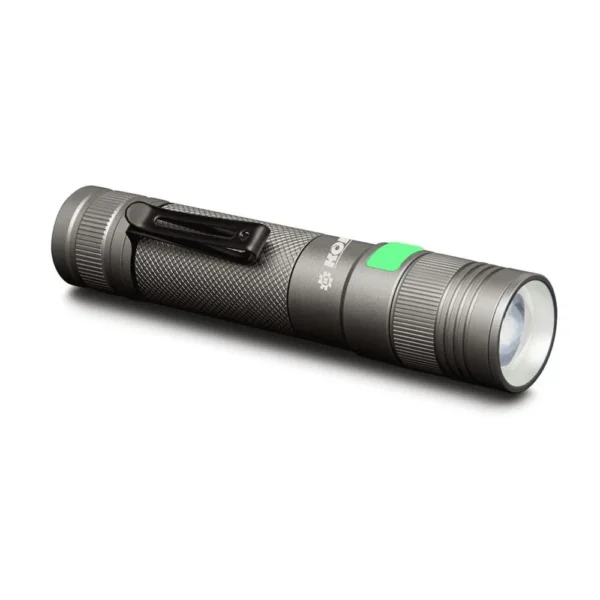 Konus Konuslight RC-5 black flashlight, angled side view with green button, clip and magnetic base
