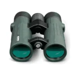Konus Optics KONUSREX green binocular, front view with twin objective lenses and focus wheel