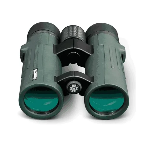 Konus Optics KONUSREX green binocular, front view with twin objective lenses and focus wheel