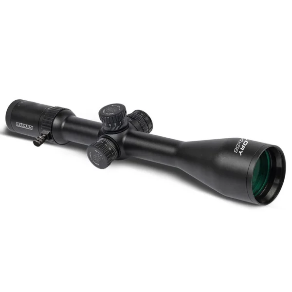 Konus Glory black rifle scope, angled side view with adjustment turrets and large objective lens