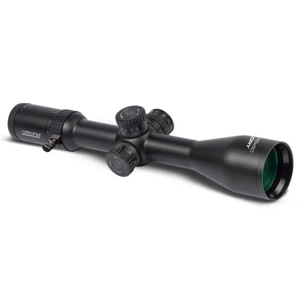 Konus Glory Rifle Scope black, angled side view with adjustment turrets and large objective